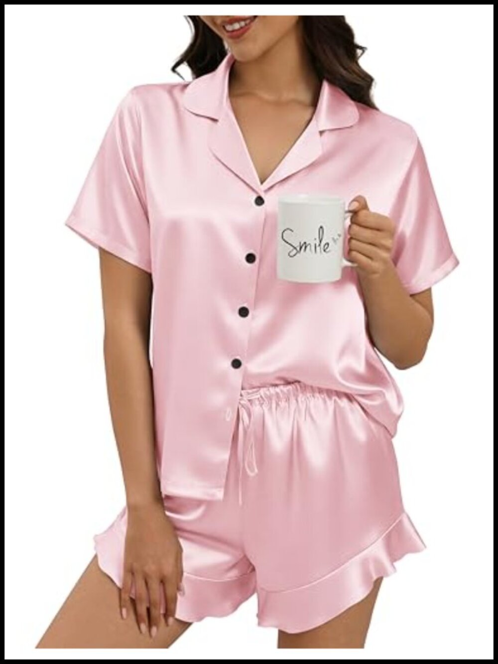 Satin Pajama Set Women Button Down Ruffle Notch Collar Short Sleeve Sleepwear